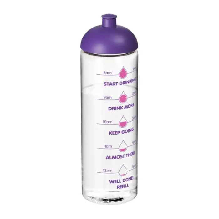 Promotional Active Vibe Dome Lid Sport Bottle in clear with purple lid and printed logo