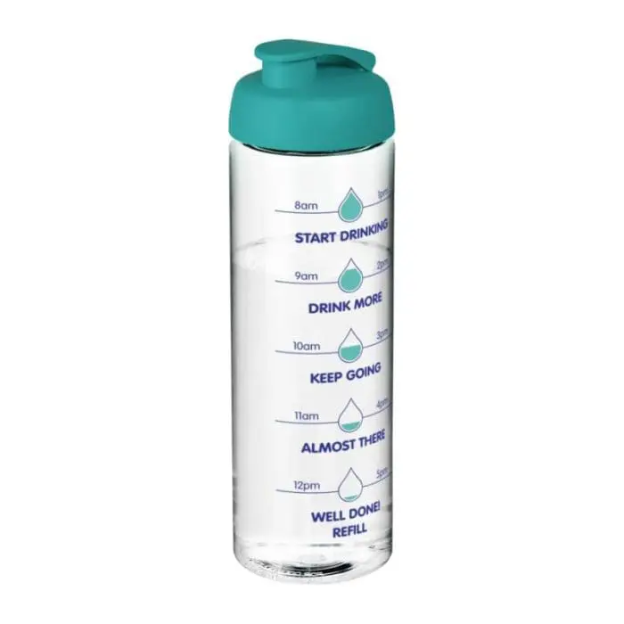 Branded Active Vibe Flip Lid Bottle in clear with aqua lid and printed logo