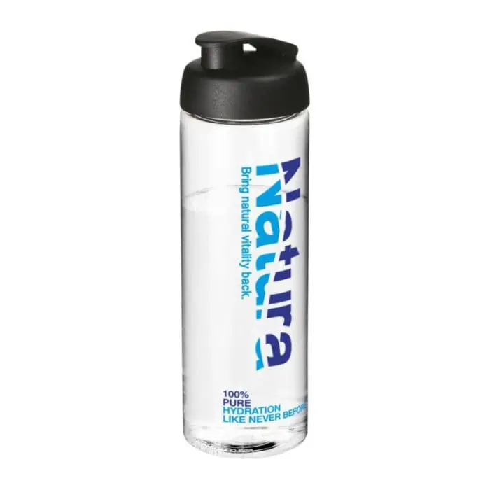 Branded Active Vibe Flip Lid Bottle in clear with black lid and printed logo