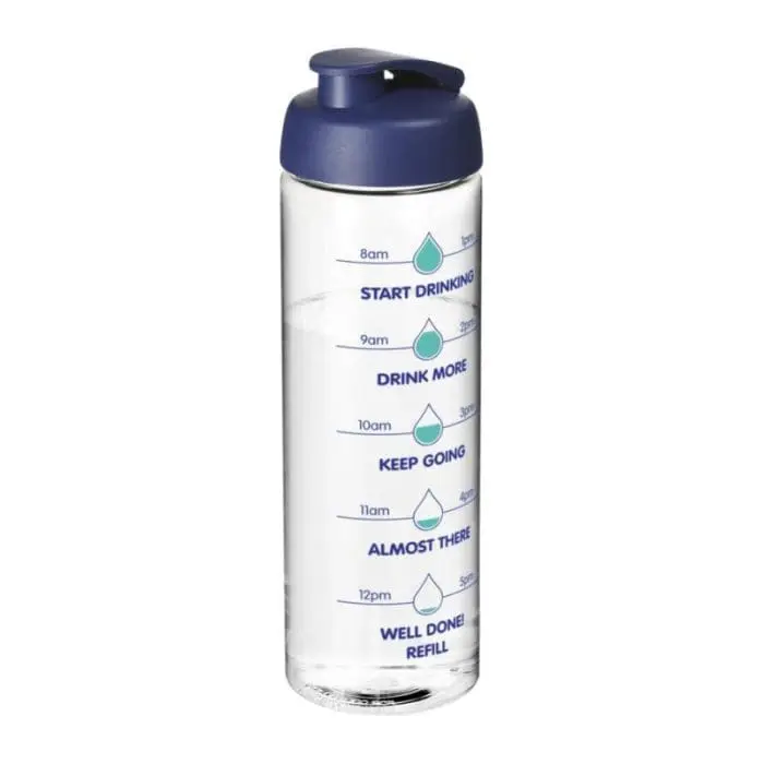 Branded Active Vibe Flip Lid Bottle in clear with blue lid and printed logo