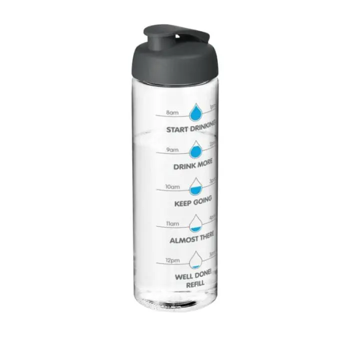 Promotional Active Vibe Flip Lid Bottle in clear with grey lid and printed logo