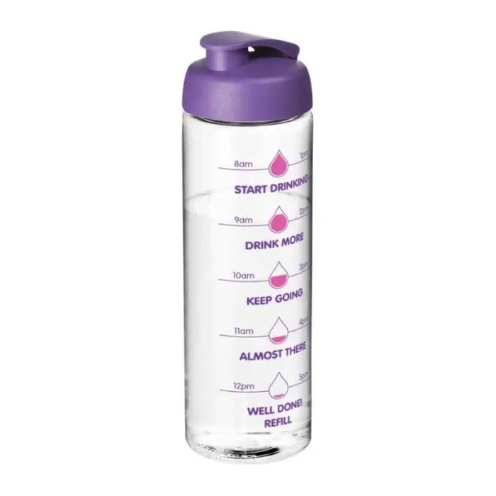 Promotional Active Vibe Flip Lid Bottle in clear with purple lid and printed logo