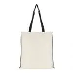 Branded shopper bag in white with black handles and trim with printed logo