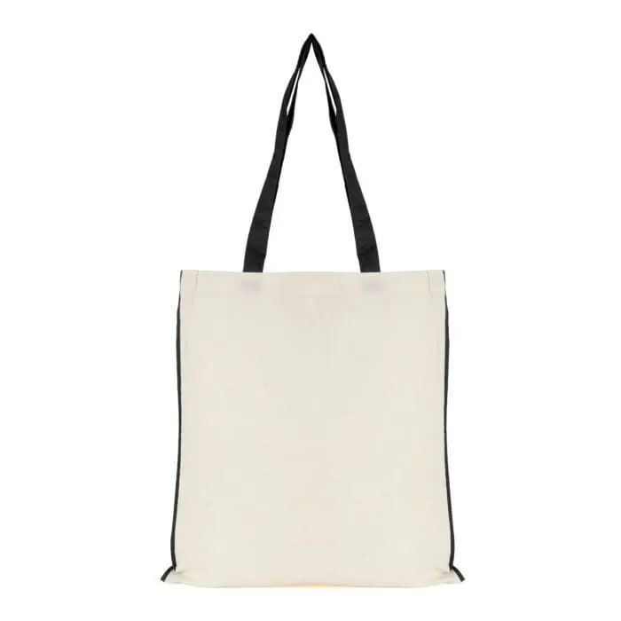 Branded shopper bag in white with black handles and trim with printed logo