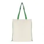 Branded shopper bag in white with green handles and trim with printed logo