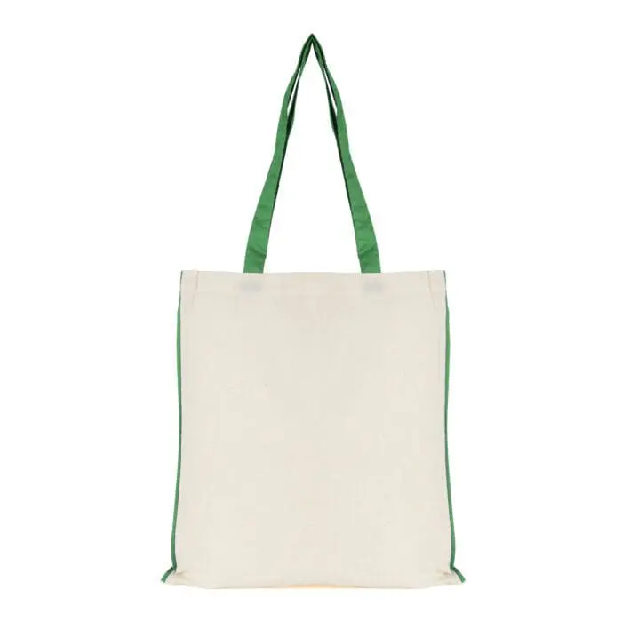 Branded shopper bag in white with green handles and trim with printed logo