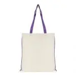 Branded shopper bag in white with purple handles and trim with printed logo