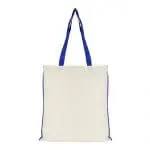 Branded shopper bag in white with blue handles and trim with printed logo