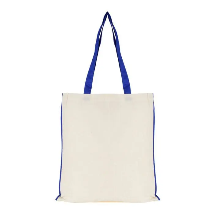 Branded shopper bag in white with blue handles and trim with printed logo