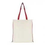 Branded shopper bag in white with red handles and trim with printed logo