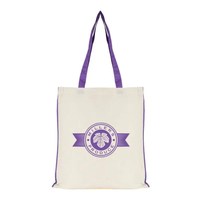 Promotional shopper bag in white with purple handles and trim with printed logo