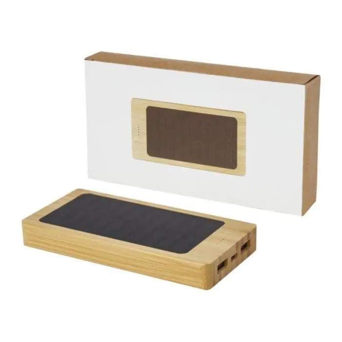 Branded bamboo solar powerbank with printed logo in presentation box