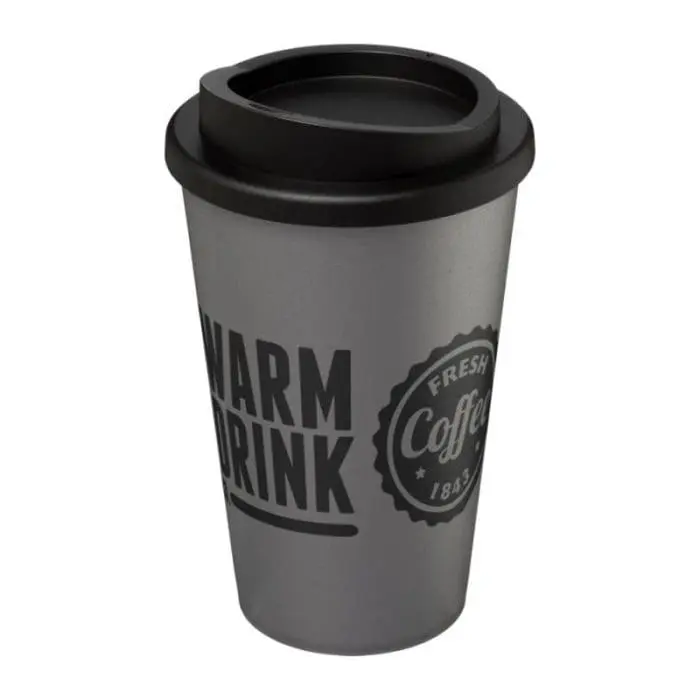 Branded Americano Insulated Tumbler 350ml in Silver with Black Lid