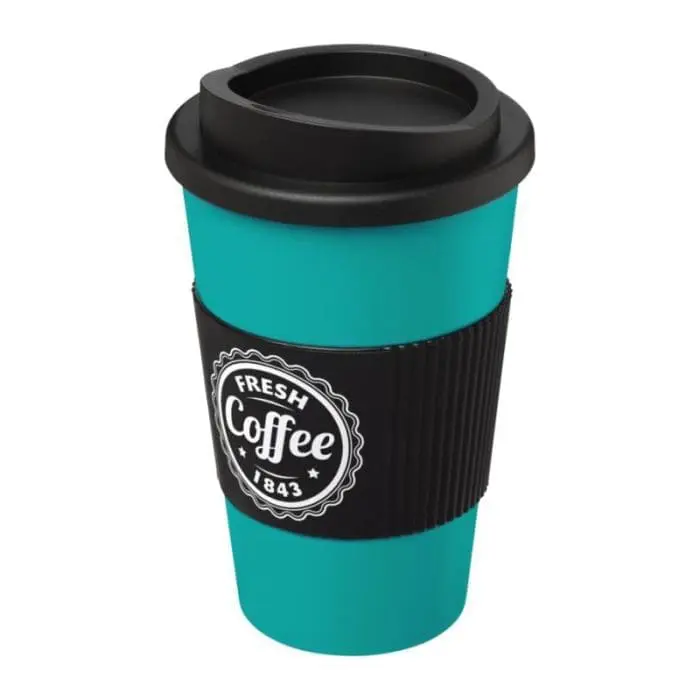 Branded Americano Insulated Tumbler with Grip 350ml in Aqua with Black Trim