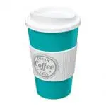 Branded Americano Insulated Tumbler with Grip 350ml in Aqua with White Trim