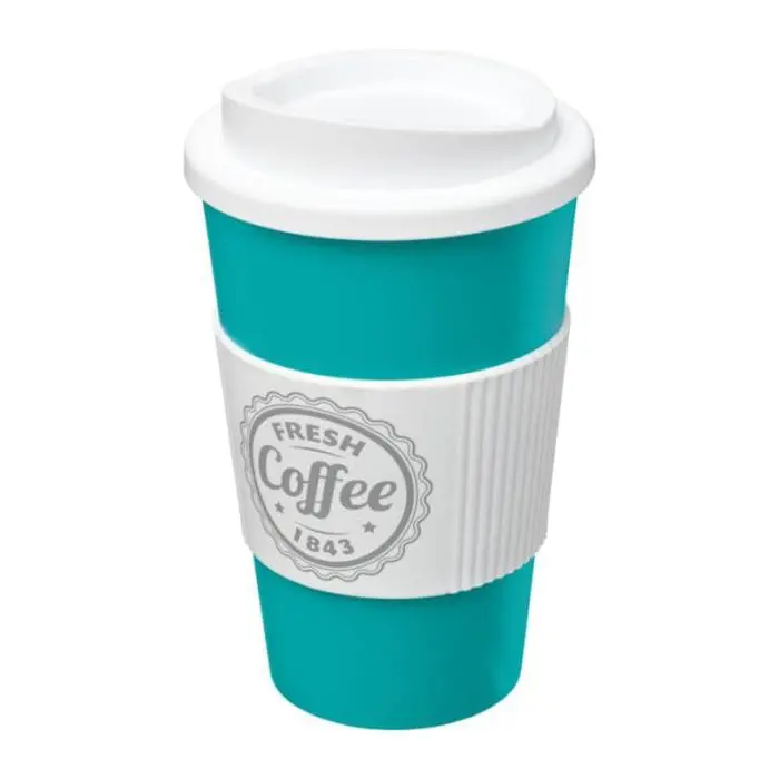 Branded Americano Insulated Tumbler with Grip 350ml in Aqua with White Trim