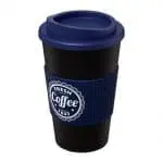 Branded Americano Insulated Tumbler with Grip 350ml in Black with Dark Blue Trim