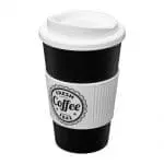 Branded Americano Insulated Tumbler with Grip 350ml in Black with White Trim