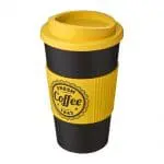 Branded Americano Insulated Tumbler with Grip 350ml in Black with Yellow Trim