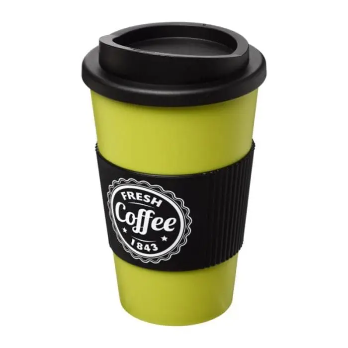 Branded Americano Insulated Tumbler with Grip 350ml in Lime Green with Black Trim