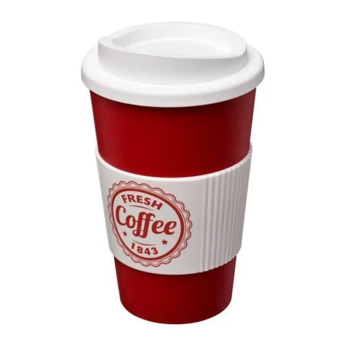 Branded Americano Insulated Tumbler with Grip 350ml in Red with White Trim