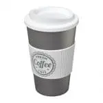 Branded Americano Insulated Tumbler with Grip 350ml in Silver with White Trim