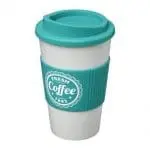 Branded Americano Insulated Tumbler with Grip 350ml in White with Aqua Trim