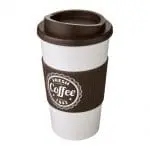 Branded Americano Insulated Tumbler with Grip 350ml in White with Brown Trim