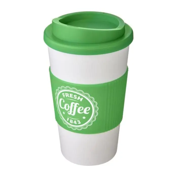 Branded Americano Insulated Tumbler with Grip 350ml in White with Green Trim