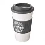 Branded Americano Insulated Tumbler with Grip 350ml in White with Grey Trim