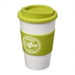 Branded Americano Insulated Tumbler with Grip 350ml in White with Lime Trim