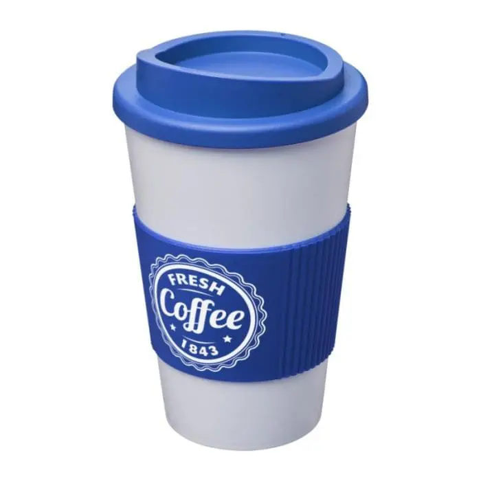 Branded Americano Insulated Tumbler with Grip 350ml in White with Mid Blue Trim