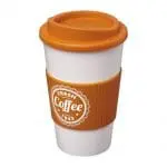 Branded Americano Insulated Tumbler with Grip 350ml in White with Orange Trim