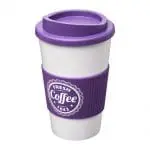 Branded Americano Insulated Tumbler with Grip 350ml in White with Purple Trim