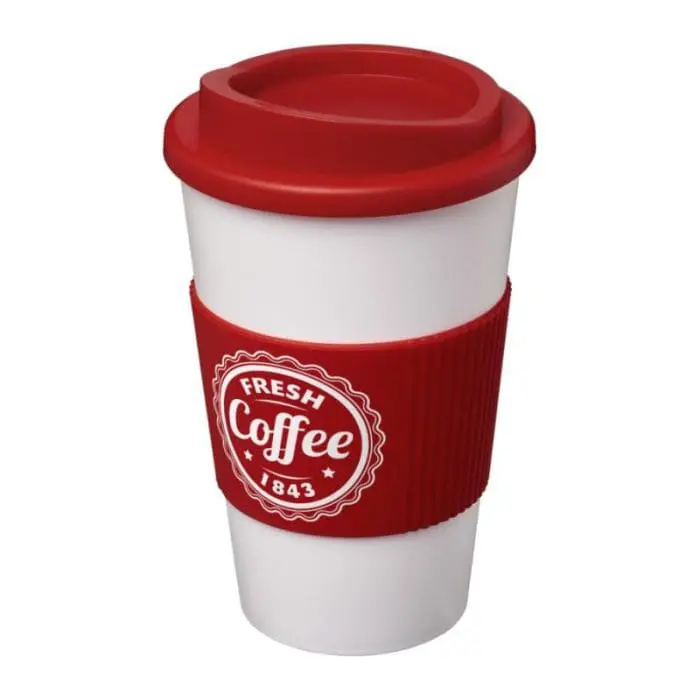 Branded Americano Insulated Tumbler with Grip 350ml in White with Red Trim