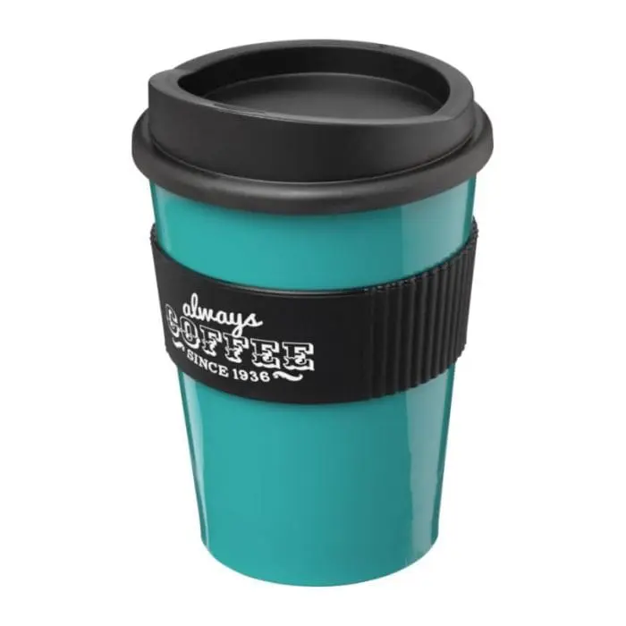 Branded Americano Medium Tumbler with Grip 300ml in Aqua Blue with Black Trim