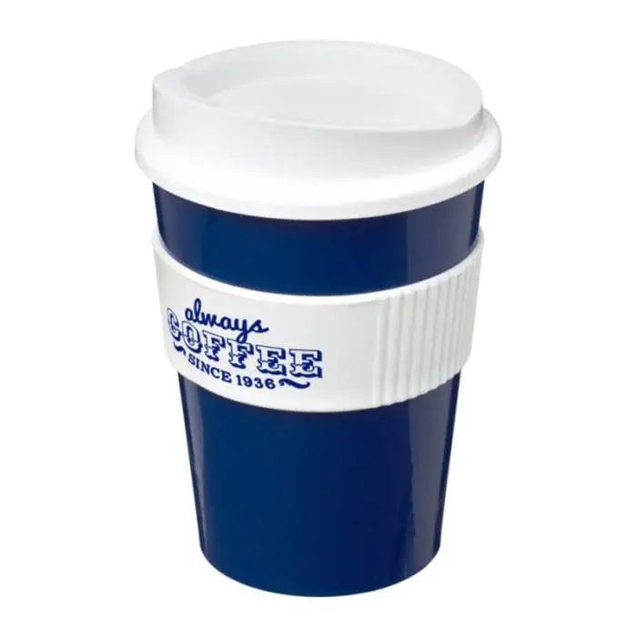 Branded Americano Medium Tumbler with Grip 300ml in Blue with White Trim