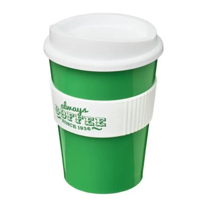 Branded Americano Medium Tumbler with Grip 300ml in Green with White Trim