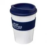 Branded Americano Medium Tumbler with Grip 300ml in White with Dark Blue Trim