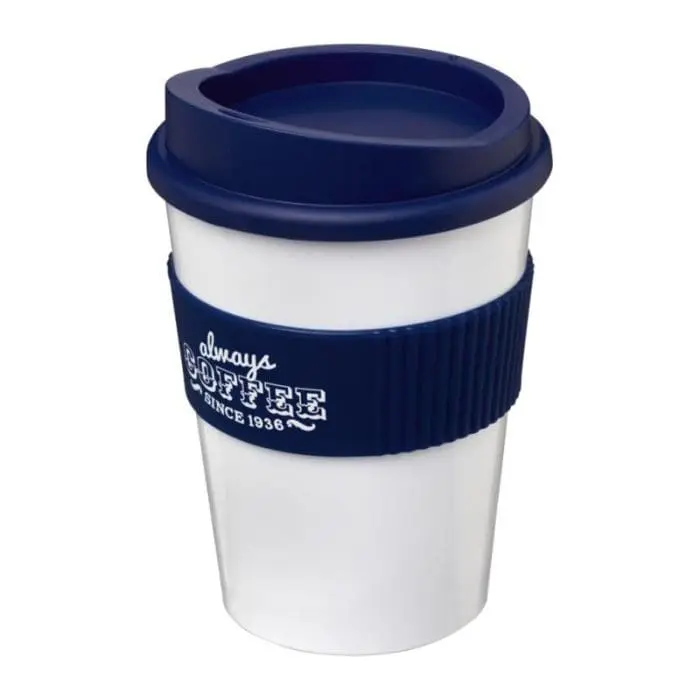 Branded Americano Medium Tumbler with Grip 300ml in White with Dark Blue Trim