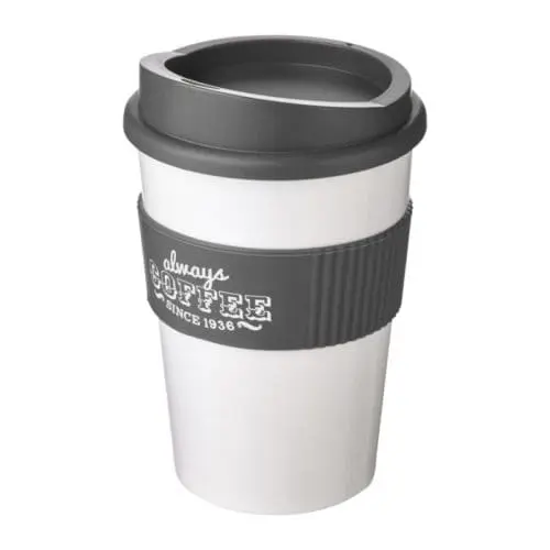 Branded Americano Medium Tumbler with Grip 300ml in White with Grey Trim