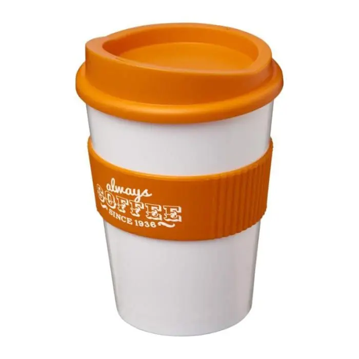 Branded Americano Medium Tumbler with Grip 300ml in White with Orange Trim