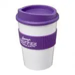 Branded Americano Medium Tumbler with Grip 300ml in White with Purple Trim