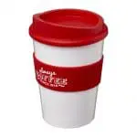 Branded Americano Medium Tumbler with Grip 300ml in White with Red Trim