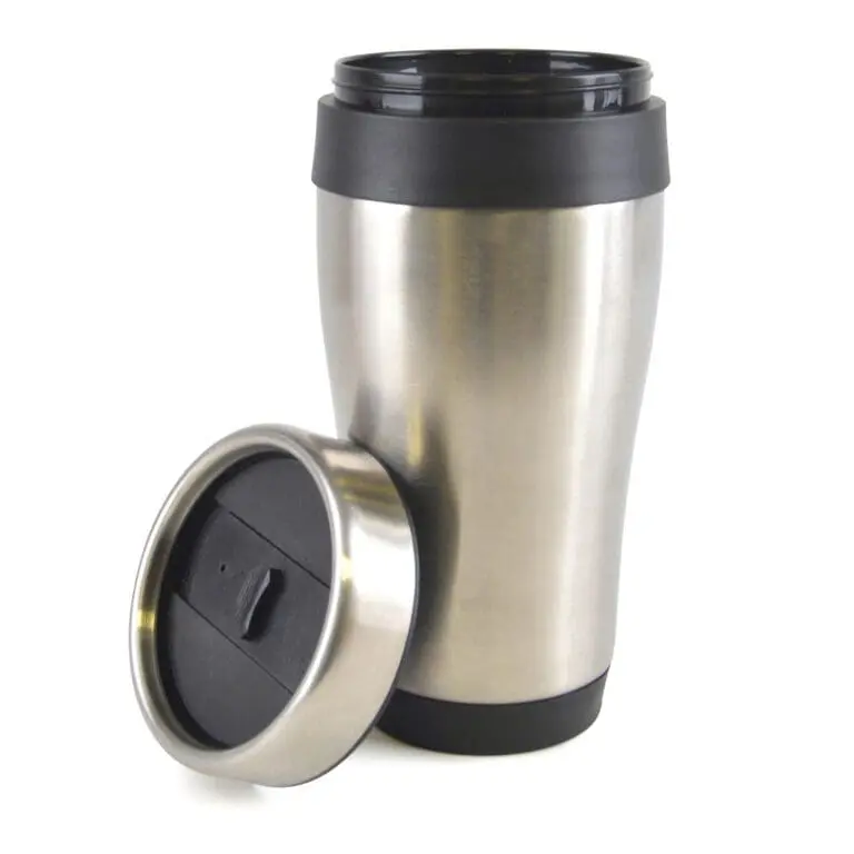 Branded Ancoats stainless steel tumbler in silver and black with printed logo