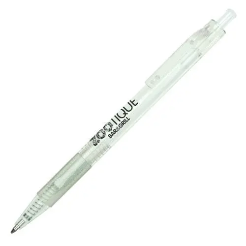 Personalised recycled ball pen in clear with printed logo