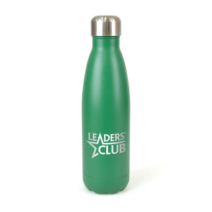 Promotional Matte double walled bottle in green with silver lid and printed logo