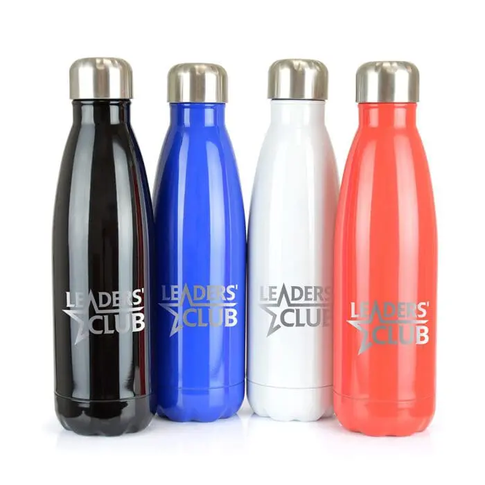 Branded Shine double walled bottle in black, blue, white and red with printed logo