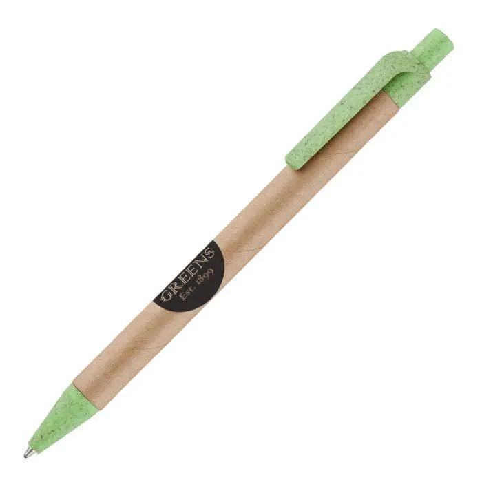 Promotional card pen with wheat trim and green details with printed logo