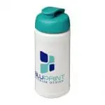 Branded Baseline Plus Flip Lid Bottle 500ml in white with aqua lid and printed logo